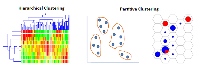 Taxonomy of clustering algorithms: hierarchical (agglomerative, divisive) and partitional (k-means, self-organizing map)