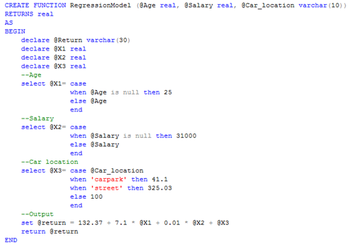 The same regression model expressed as a SQL script so the database computes predictions